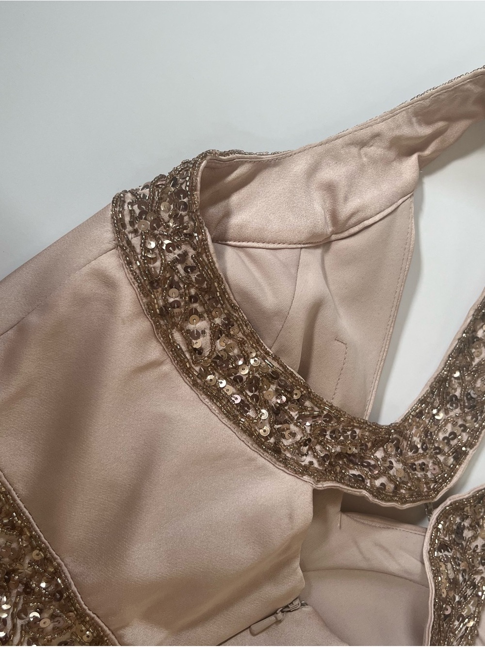 Aidan Mattox Champange Rose Gold Sequin Pleated Satin Long Formal Open Back Gown - Picture 11 of 15
